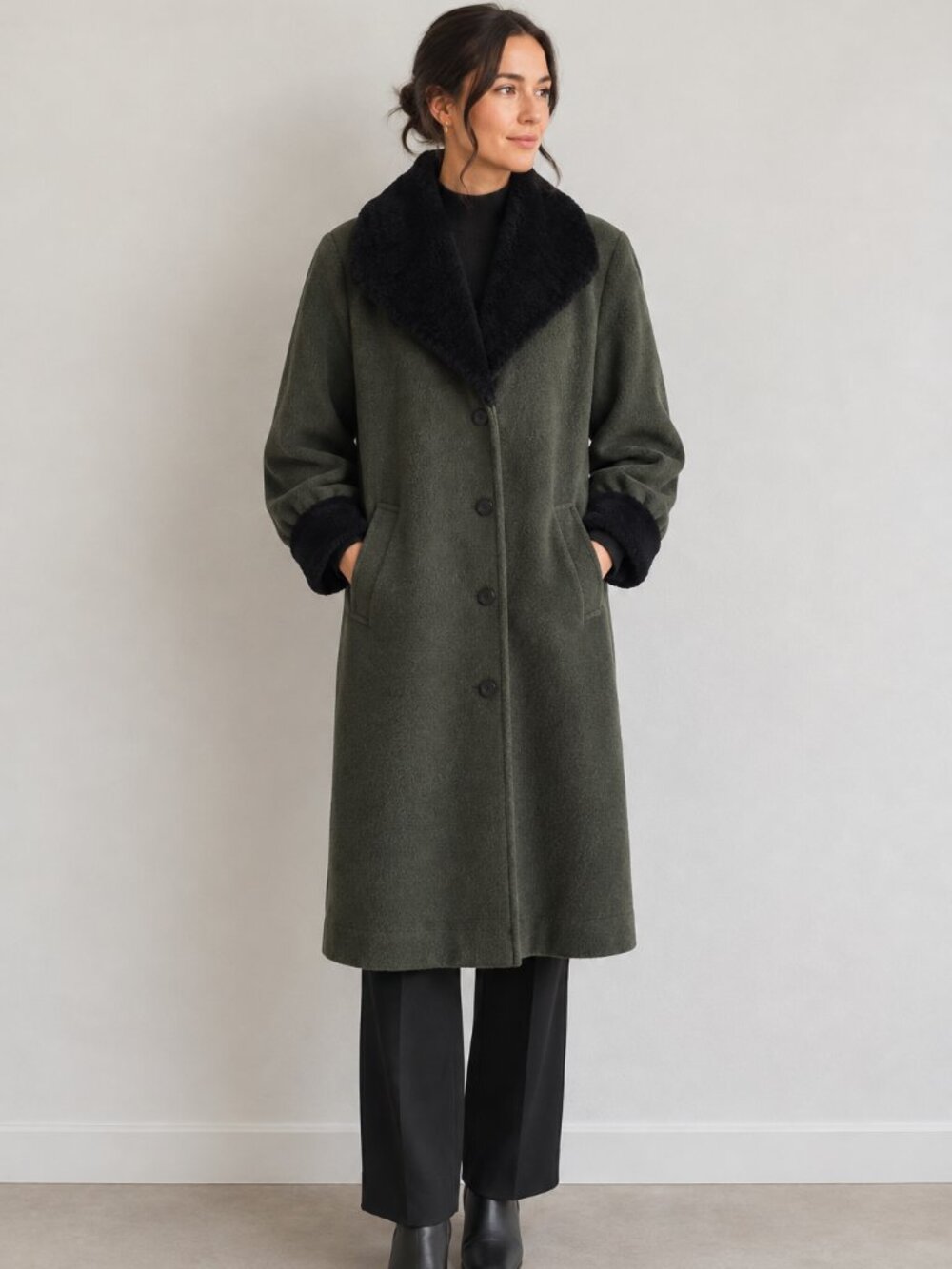 Vintage 1980s Christian Dior Manteaux Pure Wool Coat Olive Green & Faux Fur